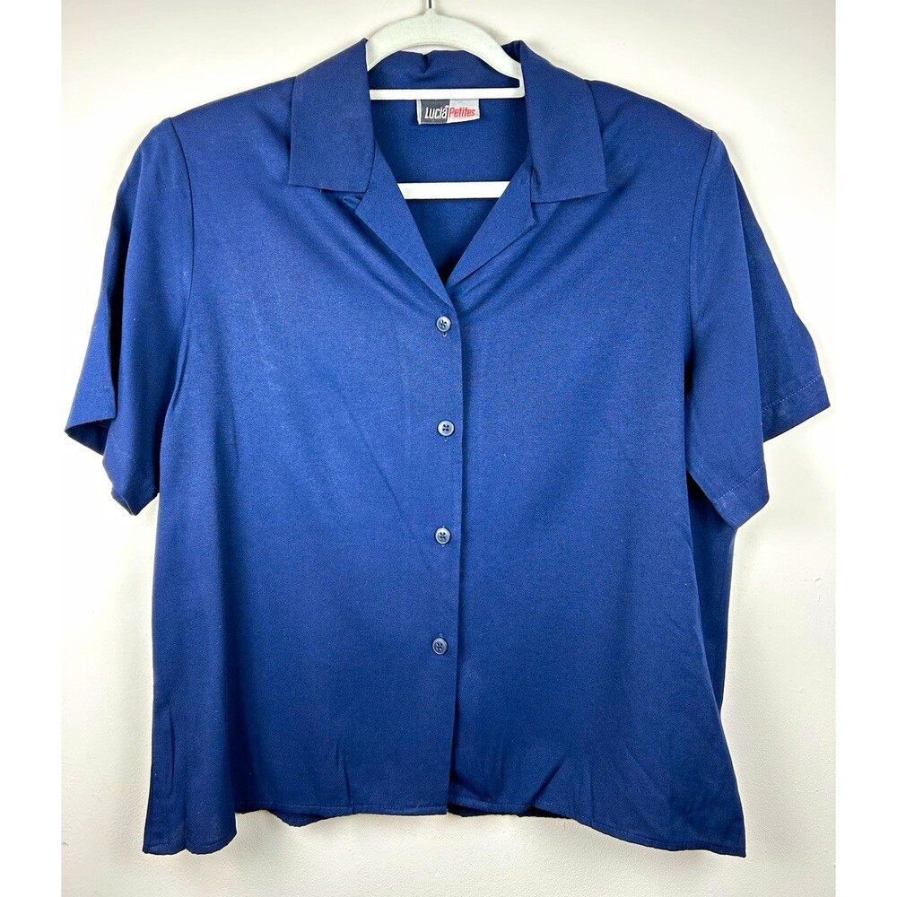 Vintage Lucia Petites Women’s PS Blue Solid Cotton Collared Button Front Blouse